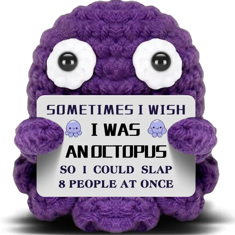 Mini Octopus Emotion Support Knitted Cuddly Doll Gift, Soft Stuffed Huggable, Fun Card Included, Birthday Present for Friends, Colleagues, Home Office Decor, Octopus