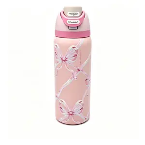 Owala 32oz Cute Pink Bow  Style Water Bottle,  Vacuum Insulated, Leakproof Flip Top, Coquette Aesthetic, Perfect for Teens & Students