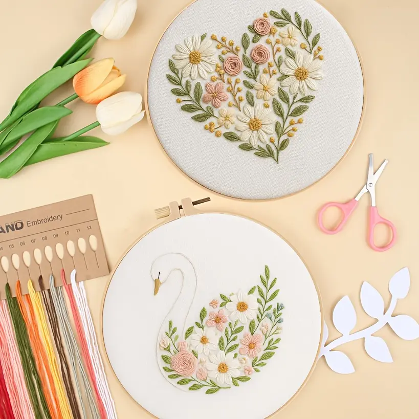 2pcs DIY Embroidery Starter Kit - Adorable Ballet Shoes, Swan, Heart & Flower Patterns Craft Set with All Necessary Supplies: Embroidery Cloth, Threads, Needles, Hoop & English Tutorial, Great for Beginners, Home Office Decor Ornament, Creative