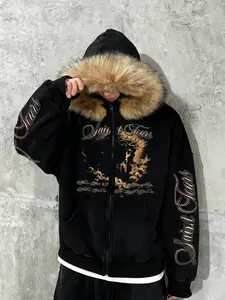 Men's Loose Long Faux Fur Hooded Zipper Sweatshirt, Saint Tears Graphic Print, Dark Gothic Street Style, Warm Plush Fabric, Casual Winter Wear