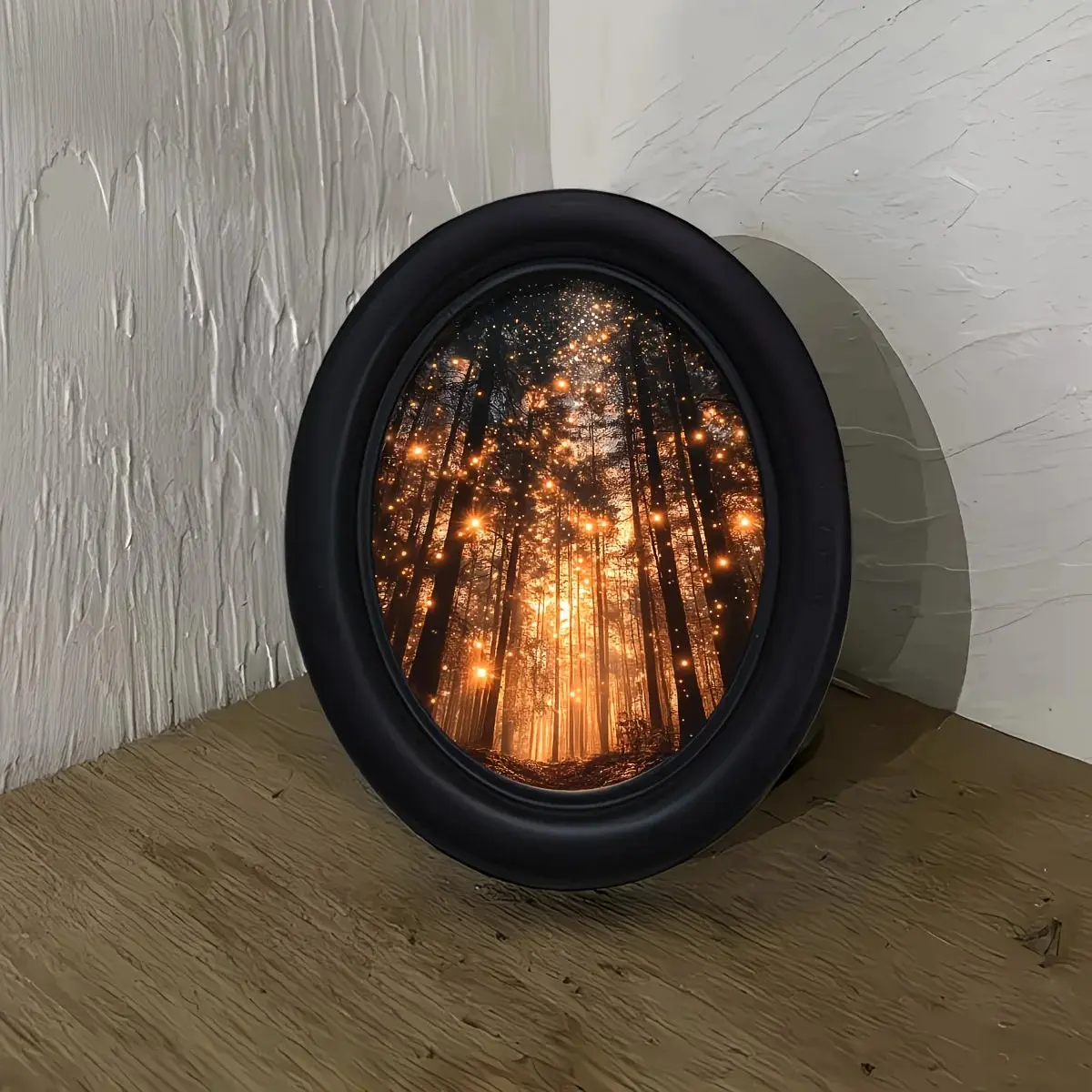 3D Elliptical Wooden Frame with Firefly Forest, Handmade Photo Transfer, Wooden Wall Art, Decorative Wall Art, Home Wall Art, Perfect for Living Room or Bedroom Wall Decor, Rustic Farmhouse Atmosphere