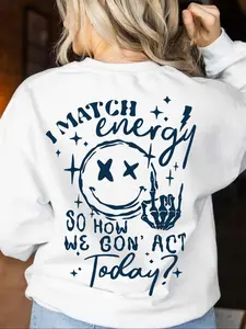 Women's Cartoon Face & Skeleton Hand & Letter Print Drop Shoulder Sweatshirt, Casual Long Sleeve Round Neck Pullover for Fall & Winter, Women's Clothes for Daily Wear