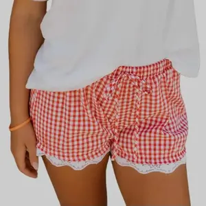 95% Cotton Red Gingham Plaid Casual Shorts, Tie Detail, Elastic Waist, Lace Patchwork Hem, Breathable Fabric, Chic Elegant Womenswear Bottoms