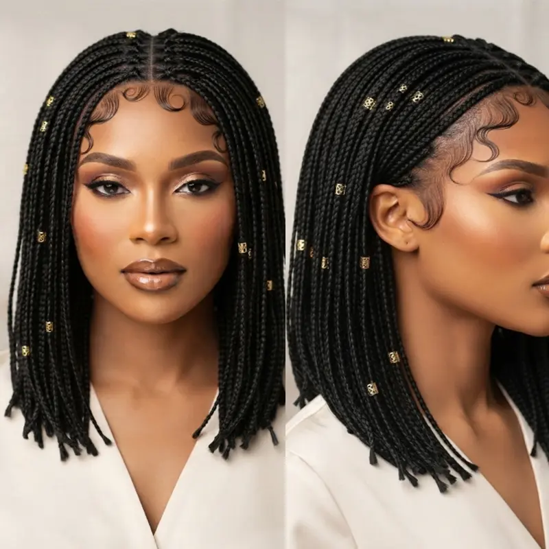 DOSAY 12" African Braided Wig Bob Box Braids wig with Gold Beads for Black Women  Full Lace Front Handmade Cornrow Wig Synthetic wigs