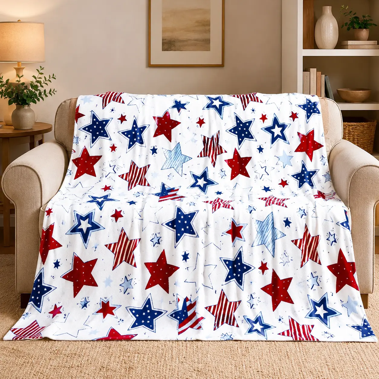 Patriotic Red White Blue Star Print Flannel Throw Blanket, Super Soft Lightweight Fleece Blanket for Adults & Kids, Cozy American Star Pattern Throw for Bed Couch Chair, Independence Day Gift