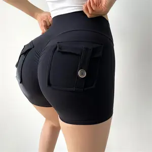 Peach Hip Work Tight Shorts Women High Waist Stretchy Hip Lifting Button Yoga Pants Quick Dry Running Fitness Pants Women