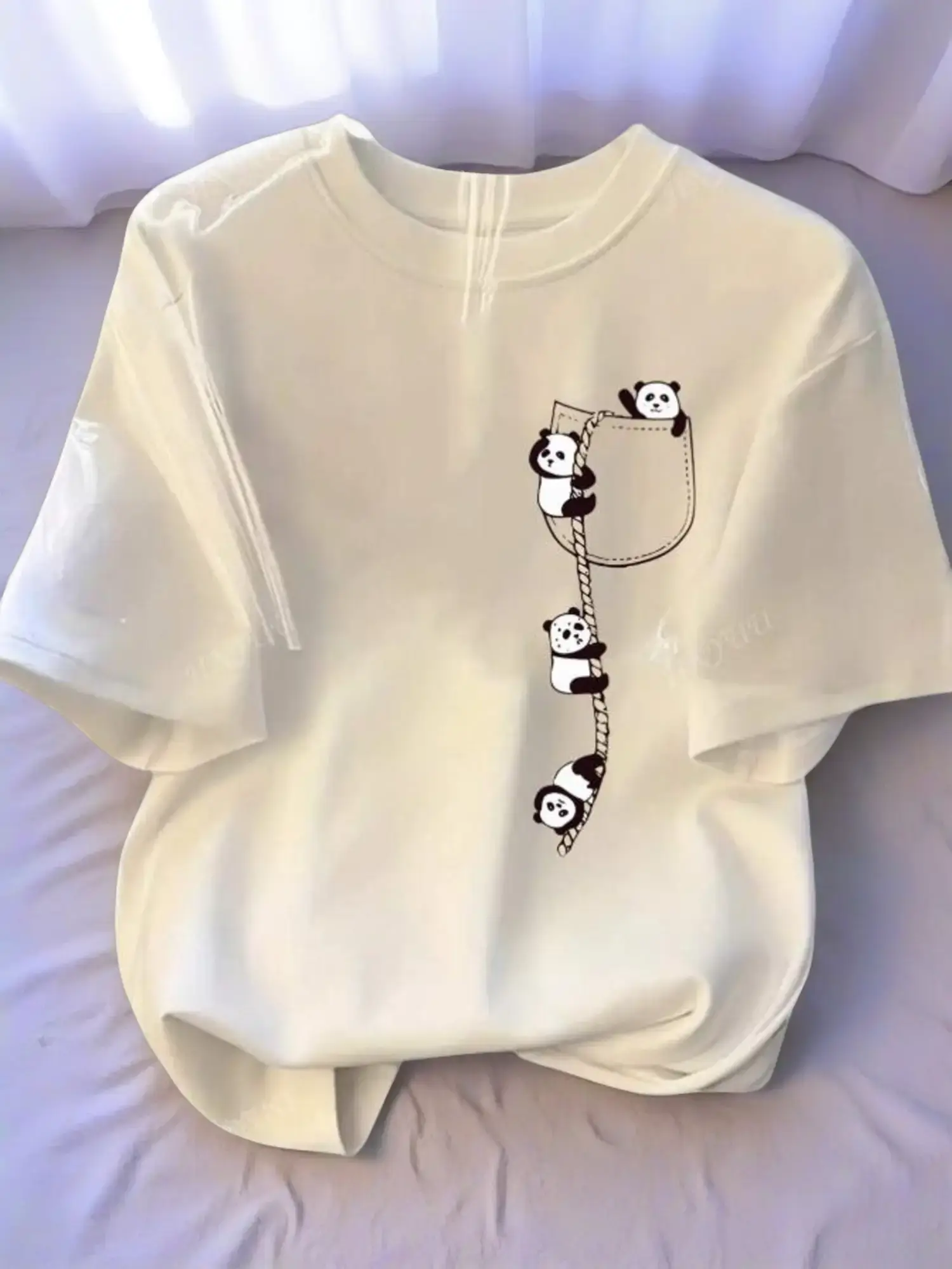 Casual Panda Graphic T-shirt for Women, 100% Cotton Shortsleeve Crew Neck with an Oversized Fit, Fabric, Tshirt, Round Neck, Plus Size, Breathable, Panda Print