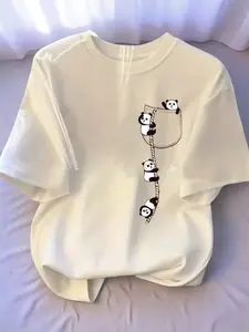 Women's Cartoon Cute Panda Print T-Shirt Short Sleeve Crew Neck, Casual & Comfortable Plus Size Oversize Top Shirt