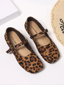 Women's Leopard Print Mary Jane Wedge Shoes - Strapped Round-Toe Casual Comfortable Medium Shoe Width Shoes, Suitable for Daily Wear/Work