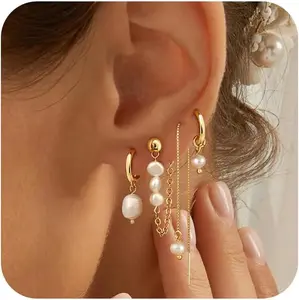 Mothers Day Gifts Pearl Earring Stacks for Women – Dainty 14K Gold Plated Hypoallergenic Hoop & Dangle Earrings Set