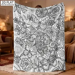 2D Flat, 1pc Creative Butterfly Floral Pattern Adult Stress Relief Coloring Blanket, Flannel Home Decor Blanket, Washable Sofa Cover, Versatile Warm Blanket for Bedroom And Living Room