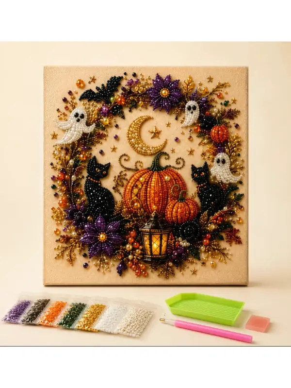 Halloween Diamond Art DIY Kit, 8-in Framed Canvas Craft Set with 2 Patterns (Ghost, Black Cat), Beginner-Friendly Pearl Beads Gem Art Kit for Adults & Kids, Halloween Home Wall Decor Gift