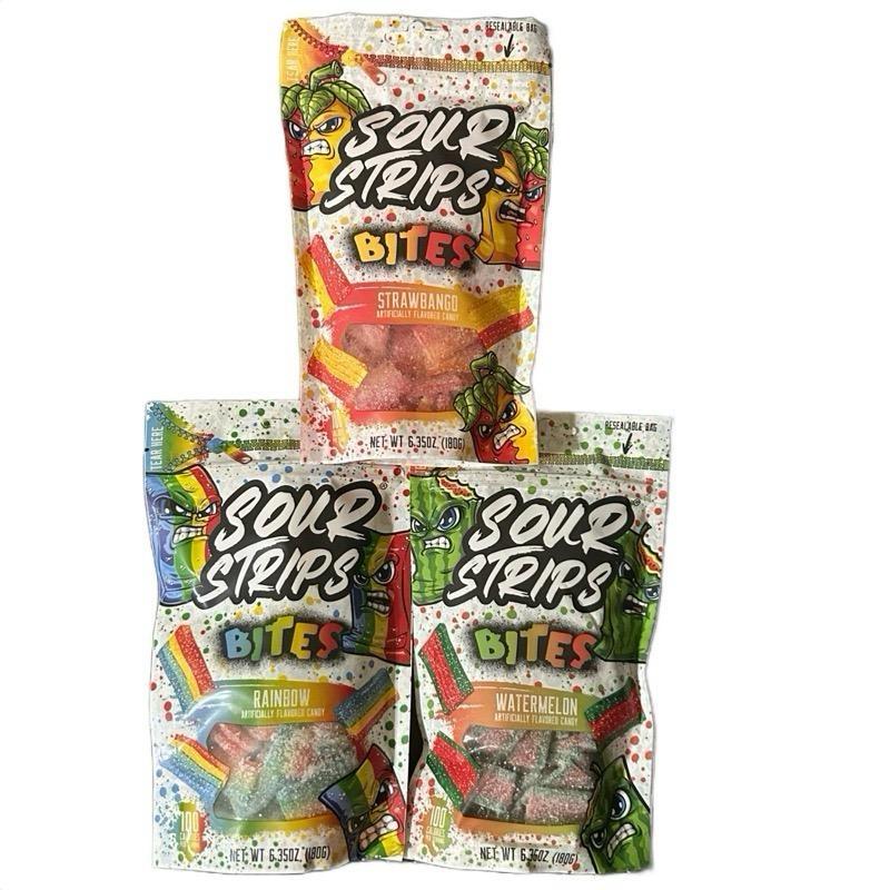 Sour Strips Bites 6.35 oz Watermelon, Rainbow, Bluerazz Lemonade or Strawbango Flavor sour candy snack Artificial Fruit Flavored mix bag
