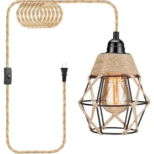 Plug-in Pendant Light, Industrial Hanging Light with Plug-in Cord and Hemp Rope On/Off Switch, Farmhouse Pendant Light for Dining Room
