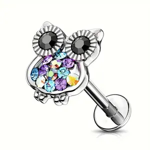 316 Stainless Steel Internally Threaded Labret, Multi Color Gemmed Owl Top Ear Cartilage Studs