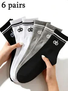 6 Pairs Unisex Solid Color Sports Socks, Sports Running Socks, Athletic Socks, Striped Letter Mid-Calf Socks, Casual Comfortable Soft Breathable, Suitable for Daily Wear