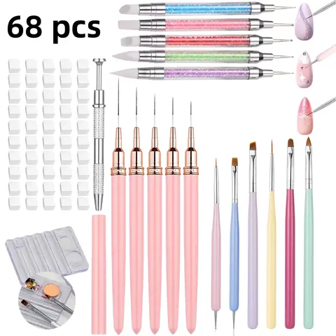 68-Piece Beginner Nail Tech Kit With Everything, Line Drawing Tool, Double-Ended Pens, Brush, Holder, Sponge Block - For Phototherapy Art, Salon Use - Ideal For DIY Enthusiasts