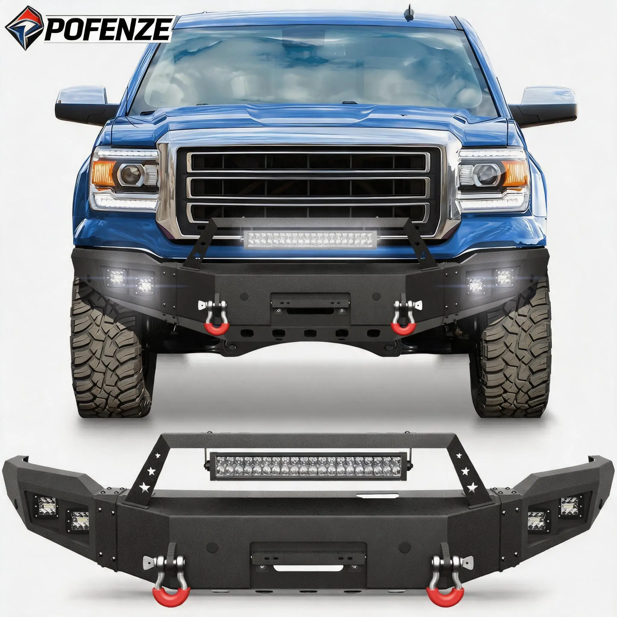 POFENZE-Mestan Custom Fit Front Bumper for 2014-2015 GMC Sierra 1500 Pickup Truck, Black Finish, Winch Plate, D-Ring, Lights, Enhances Visibility & Appearance, Adds Towing Versatility, Off-Road Auto Body Replacement Part (Note: No Accessories Included), O
