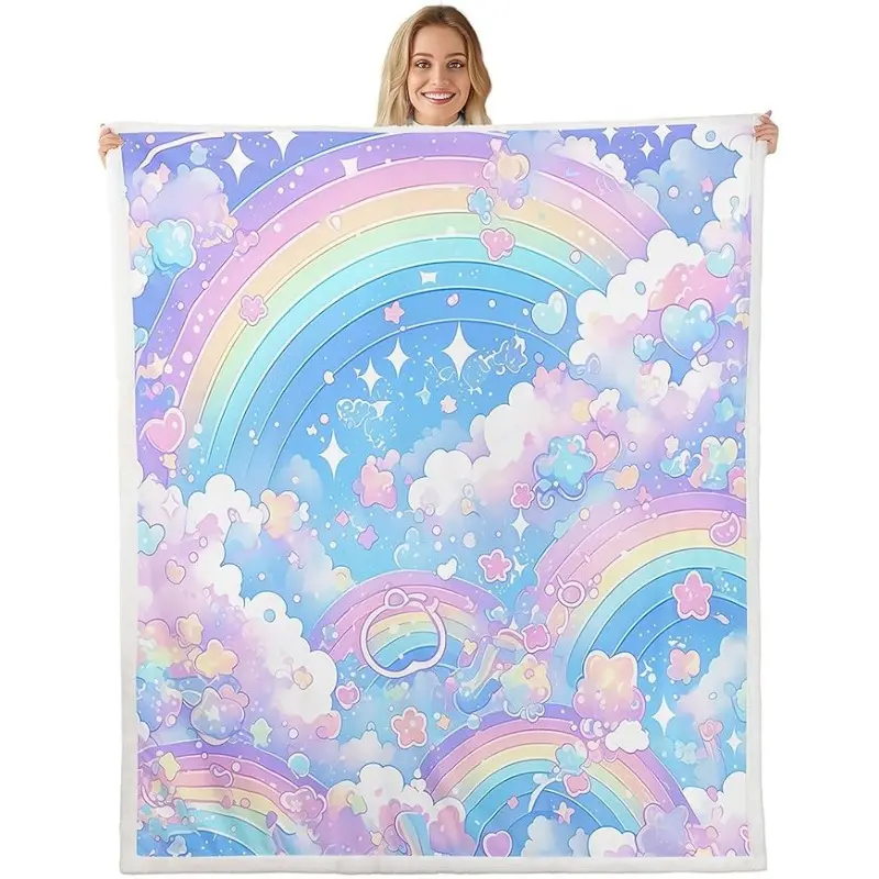 Rainbow Fleece Throw Blanket Rainbow Cloud Print Blanket for Room Decor Rainbow Pink Plush Blanket Soft Fuzzy Blanket for Sofa Bed Couch 152.4cm x 203.2cm