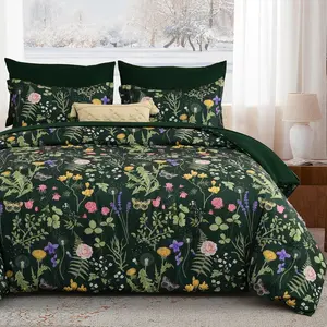 Queen Comforter Set 7 Piece, Dark Green Floral Bedding Set, Bed in a Bag Queen with Botanical Flowers Patterns, Soft Lightweight Complete Comforters with Sheets for All Season