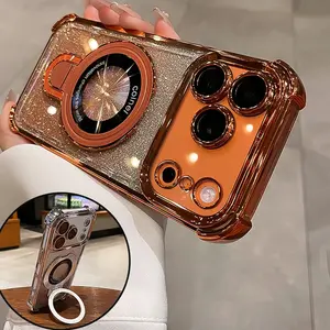 Bling Glitter Stand Magnetic Phone Case For iPhone 17 Air 15 14 13 11 12 16 Pro Max 14 15 Plus Magsafe Silicone Protector Cover