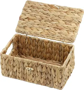 Small Wicker Basket with Lid, Natural Water Hyacinth Storage Basket with Handles, Rectangular Decorative Organizer for Home (10.2 x 6.3 x 3.9 in)