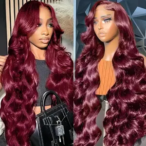 99J Burgundy Lace Front Wigs Human Hair  13x6 HD Transparent Body Wave Wig for Women 180% Density Wine Red Burgundy Wig Human Hair 24 inch Natural Hairline