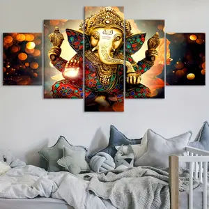2D flat 5-piece canvas poster of elephants, mythical art for good luck. Modular printed scenes ideal for bedroom, living room, kitchen decor.