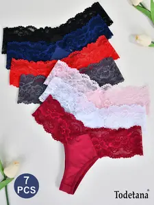 Todetana 7 Pieces Women Sexy Lace G-String Thongs Panties Low Rise Underwear for Daily Wear Women's Underwear for All Seasons Casual Elegant Panty Lady Soft Breathable Underpants Knicker Regular Fit Panties