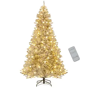 COSTWAY - 8 Feet Snow-flocked Artificial Christmas Tree Pre-lit Hinged with 81 Sphere Lights and Remote