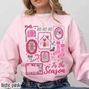 Pink Christmas Sweatshirt Tis The Season Xmas Sweater Cute Girly Holiday Womens Pullover Candy Cane Bow Santa Tee Winter Crewneck