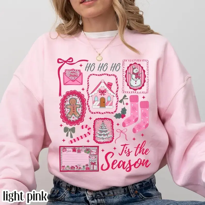 Pink Christmas Sweatshirt Tis The Season Xmas Sweater Cute Girly Holiday Womens Pullover Candy Cane Bow Santa Tee Winter Crewneck