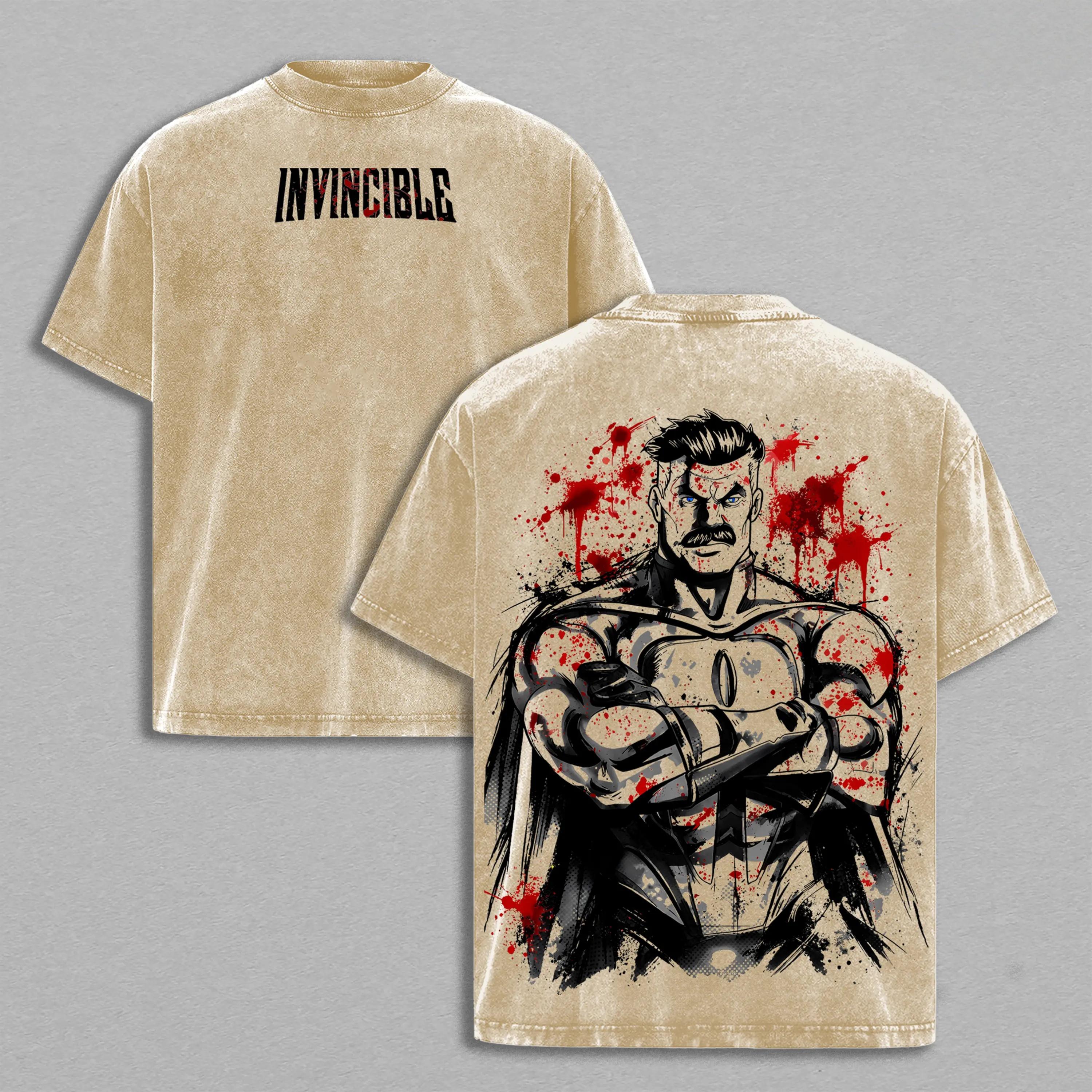 Omni-Man Washed Tee & Hoodie – Invincible Viltrumite Warrior Anime Graphic Double Printed T-Shirt, Menswear Heavy Cotton Unisex Oversize Streetwear Vintage Retro,funny graphic tee, men’s trendy t-shirts,
