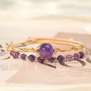1 Count Amethyst Designer Adjustable Wire-Wrapped Double-Layer Crystal Bracelet