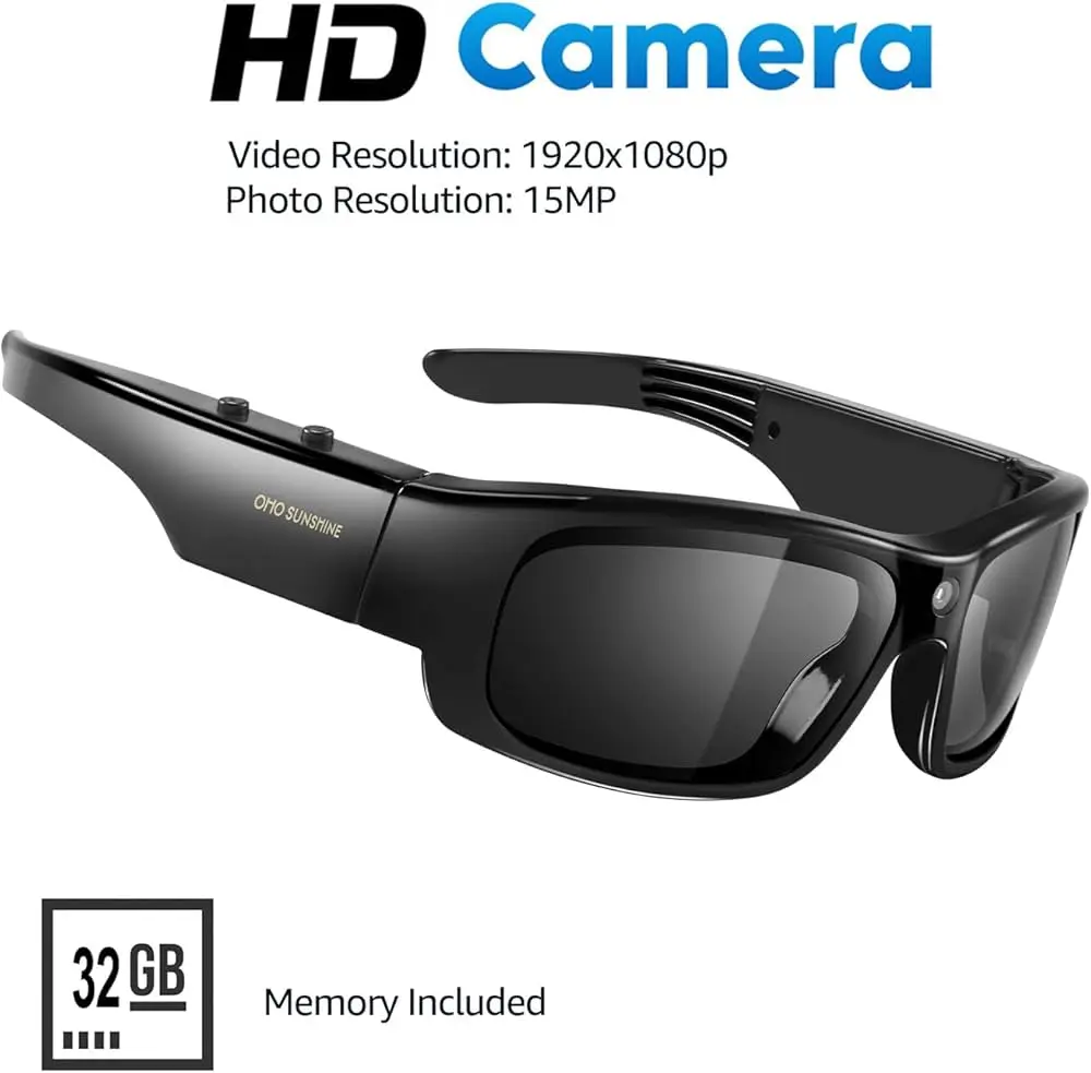 OhO 32GB Camera Glasses 24M Resolution H.265 1080P Smart Glasses with UV400 Sunglasses Lens for Outdoor Sport Unisex Black Frame with Black Lens Wearable