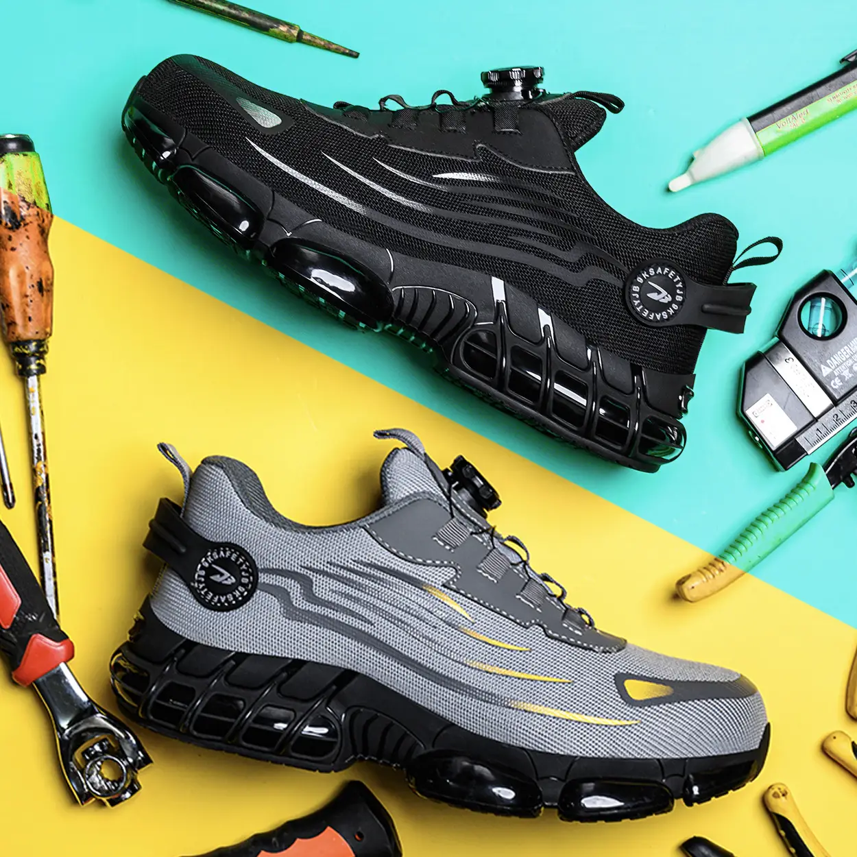 Men's Lace Up Low Top Anti Piercing&Anti Smashing Safety Shoes with Rotating Button,Contrast Mesh Work Shoes,for Outdoor Work,Anti-slip Shoes for Heal