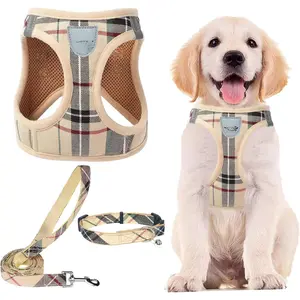 Adjustable Dog Harness Collar and Leash Set Step in No Pull Pet Harness for Small Medium Dogs Puppy and Cats Outdoor Walking Running, Soft Mesh Padded Reflective Vest Harnesses, Beige S