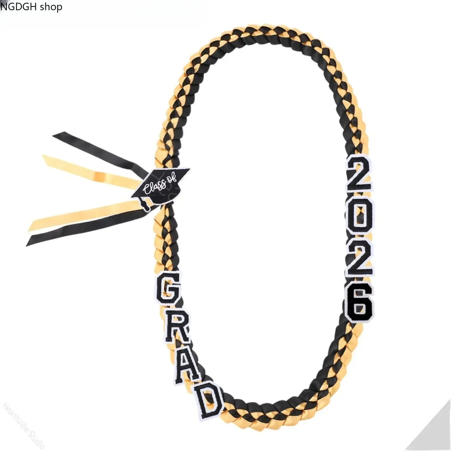 Class of 2026 Graduation Lei, 2-Tone Black and Gold Braided Ribbon Keepsake with GRAD Embossed Letters and Cap Charm, Synthetic, Embroidered Grad, Two-Tone