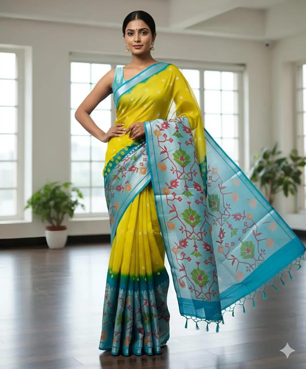 Elegant Jute Silk Saree | Floral Printed Border | Traditional casual Saree