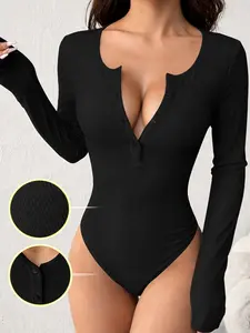 Womens Black Ribbed Long Sleeve Smoothing Bodysuit Deep V Neck Button Front Slim Fit Stretch Soft Fabric Sexy Bodycon One Piece Top Club Party Date Night Street Style Figure Hugging Basic Essential Fashion Bodysuit