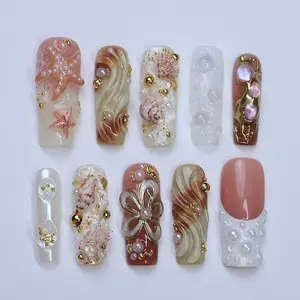 Summer Press On Nails with 3D Seashells and Pearls, Long Square Beach Nails in Nude, White and Gold Tones for Coastal Summer Vibe, Holiday