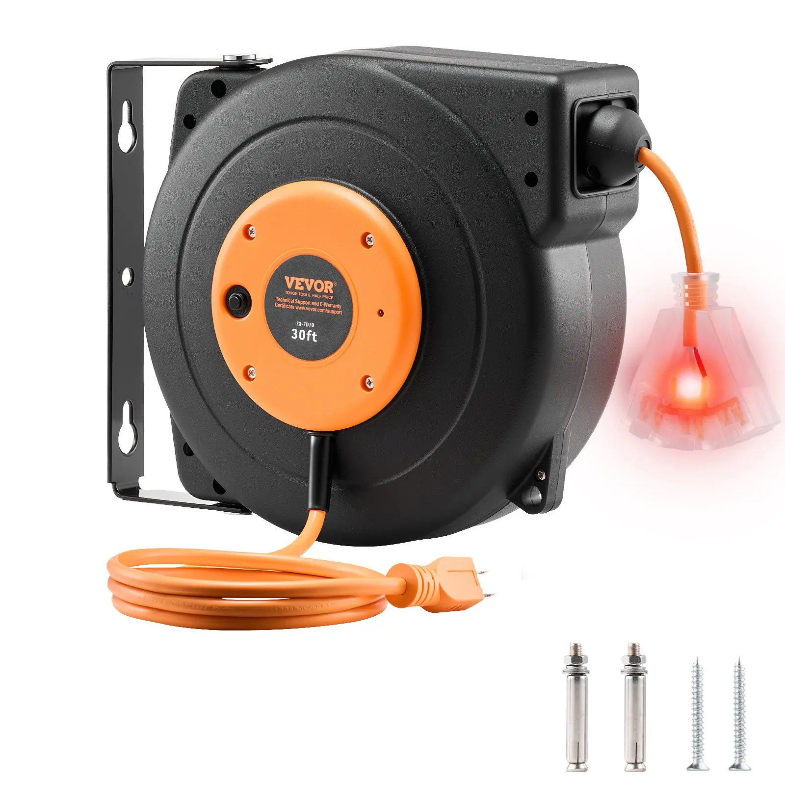 【Summerfinds】VEVOR Automatic Retractable Extension Cord Reel, 30 FT Heavy-Duty 16AWG/3C SJTOW Waterproof PP Shell Wire, Lighted Triple Plug Socket, 10A Overload Safe Circuit Breaker, Ceiling-Wall Mount, ETL Listed Shop Outdoor Tool, 6.61 Lbs/3 Kg