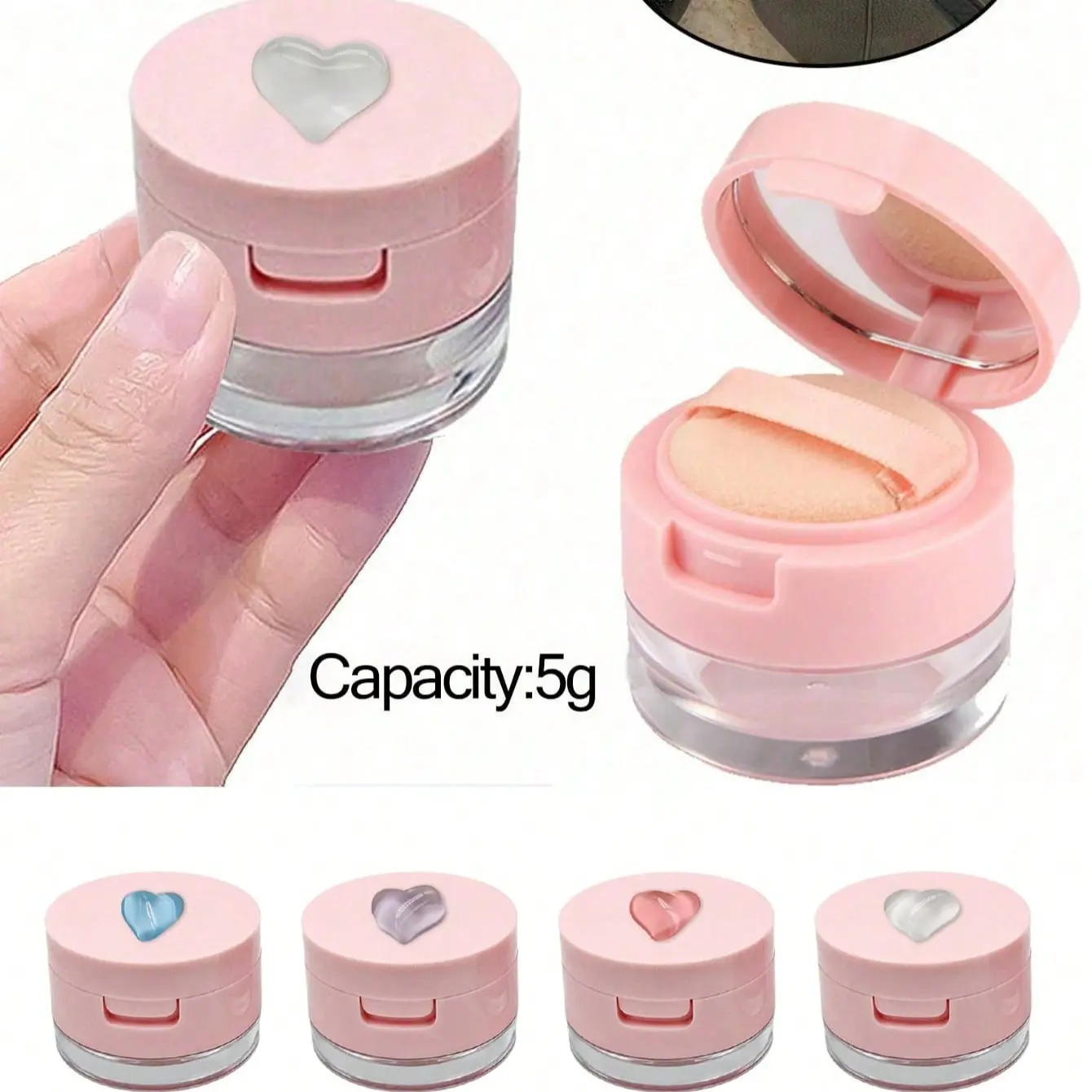 5g Mini Portable Loose Powder Case with Shiny Heart Pattern, Travel Makeup Mirror, Powder Puff, Ideal for Daily Use & Outdoor Travel
