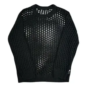 Comfortable Men Shirt Men's Hip Hop Mesh Fishnet Clubwear Top Solid Color Round Neck Long Sleeve See-through Pullover for Men(Sheets)