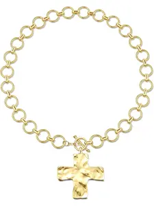 Chunky Gold Necklace for Women Sweatproof, Non Tarnish Chunky Cross Necklaces Thick Gold Layering Hammered Bold Necklace Stacks Toggle Necklaces for Women