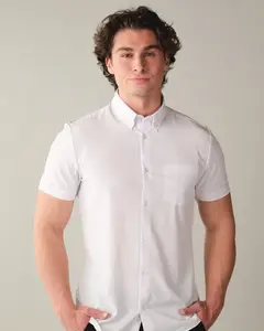 Men’s White Short Sleeve Performance Button-Up Shirt – Slim Fit, Lightweight Breathable Stretch Fabric, Moisture-Wicking Summer Shirt for Extreme Heat & Humid Climates