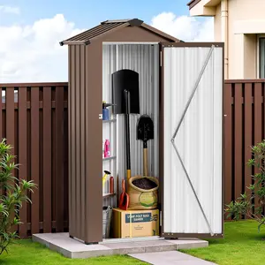 2.5x1.4 FT Heavy-Duty Metal Storage Shed, Lockable All-Weather Outdoor Tool Shed with Adjustable Shelves & Sloping Roof – Small Brown Tool Outside Storage Sheds for Backyard, Patio, Poolside, Brown