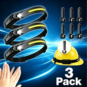 3-pack multifunctional motion-sensor headlamp with 6 hooks, COB + LED dual lighting, USB fast charging, lightweight and compact, suitable for camping, night running, fishing, and emergency situations.