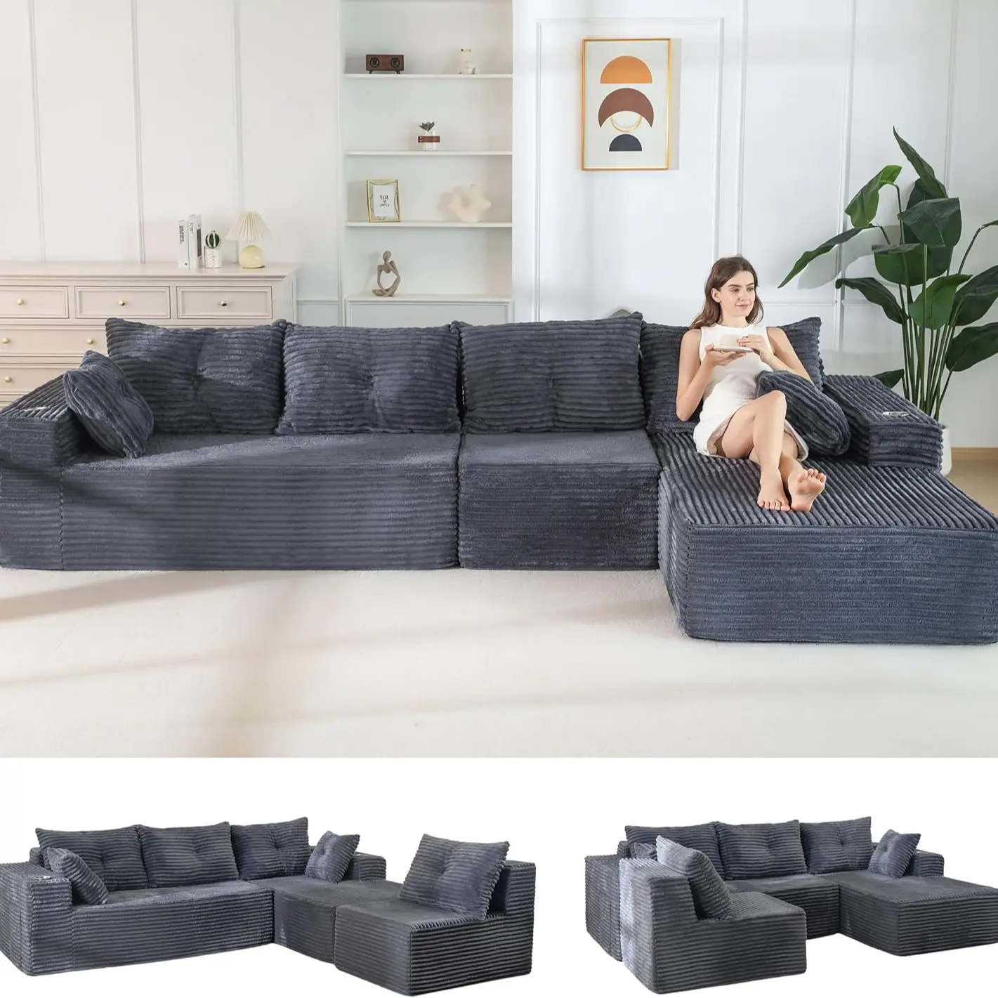 Dark Grey- 3 Seater+Right Facing Chaise