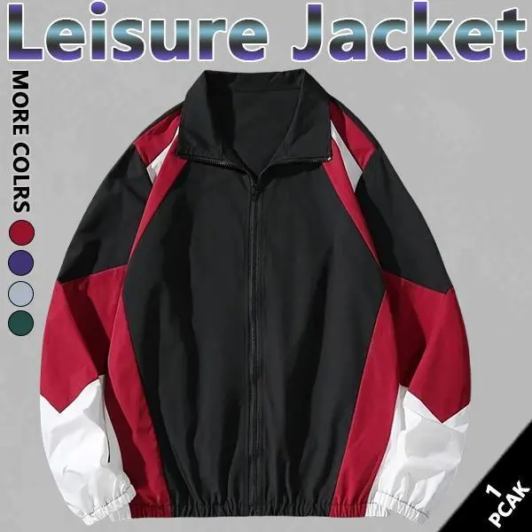 Men's Splicing Color Zip Jacket Regular Fit Casual Long Sleeve Polyester Coats Tops with Zipper for Fall Winter Daily Wear fall,outfits Menswear fits  streetwear